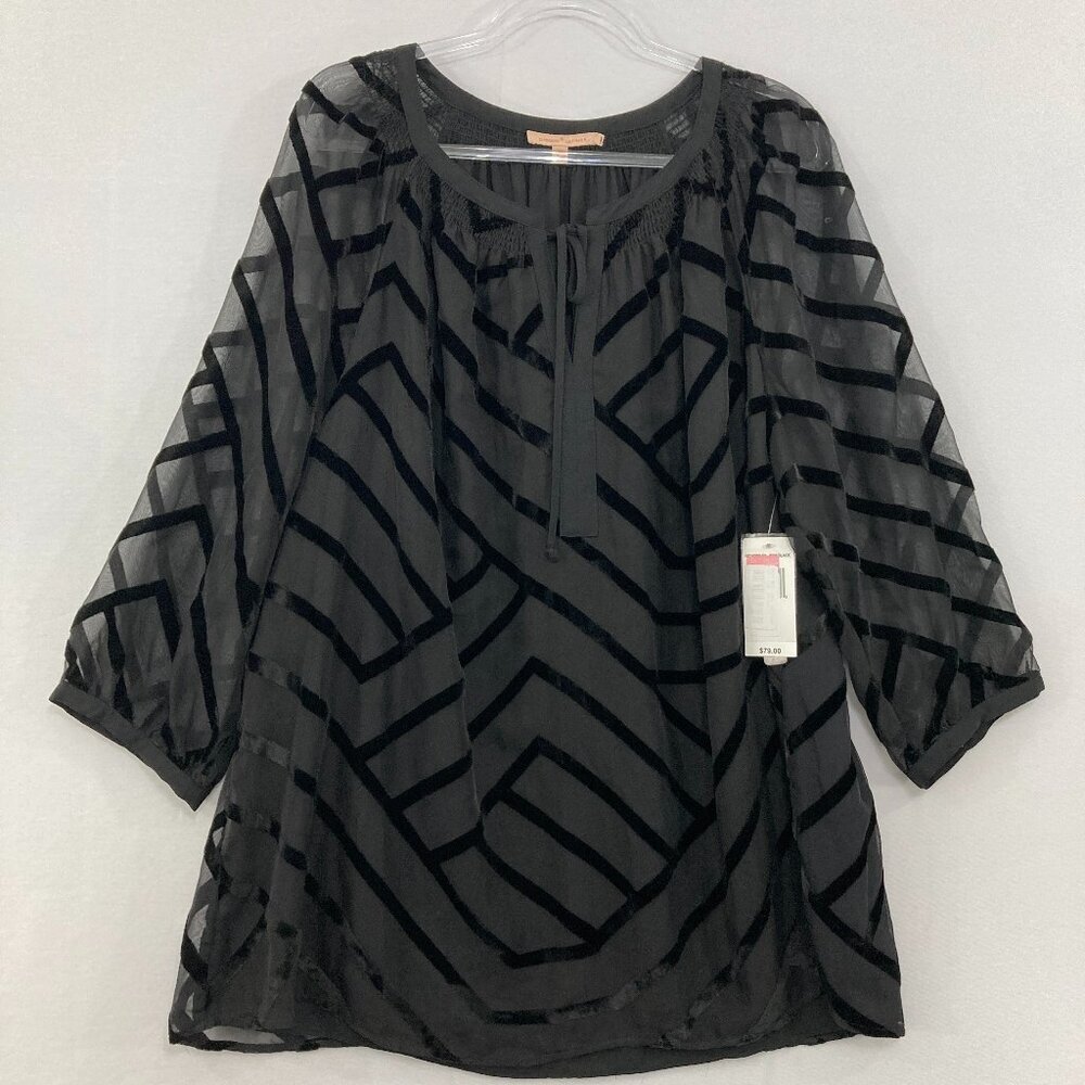 New Gibson Latimer size 3X Black Chiffon Velvet Burnt-out Smock Tie Front Blouse